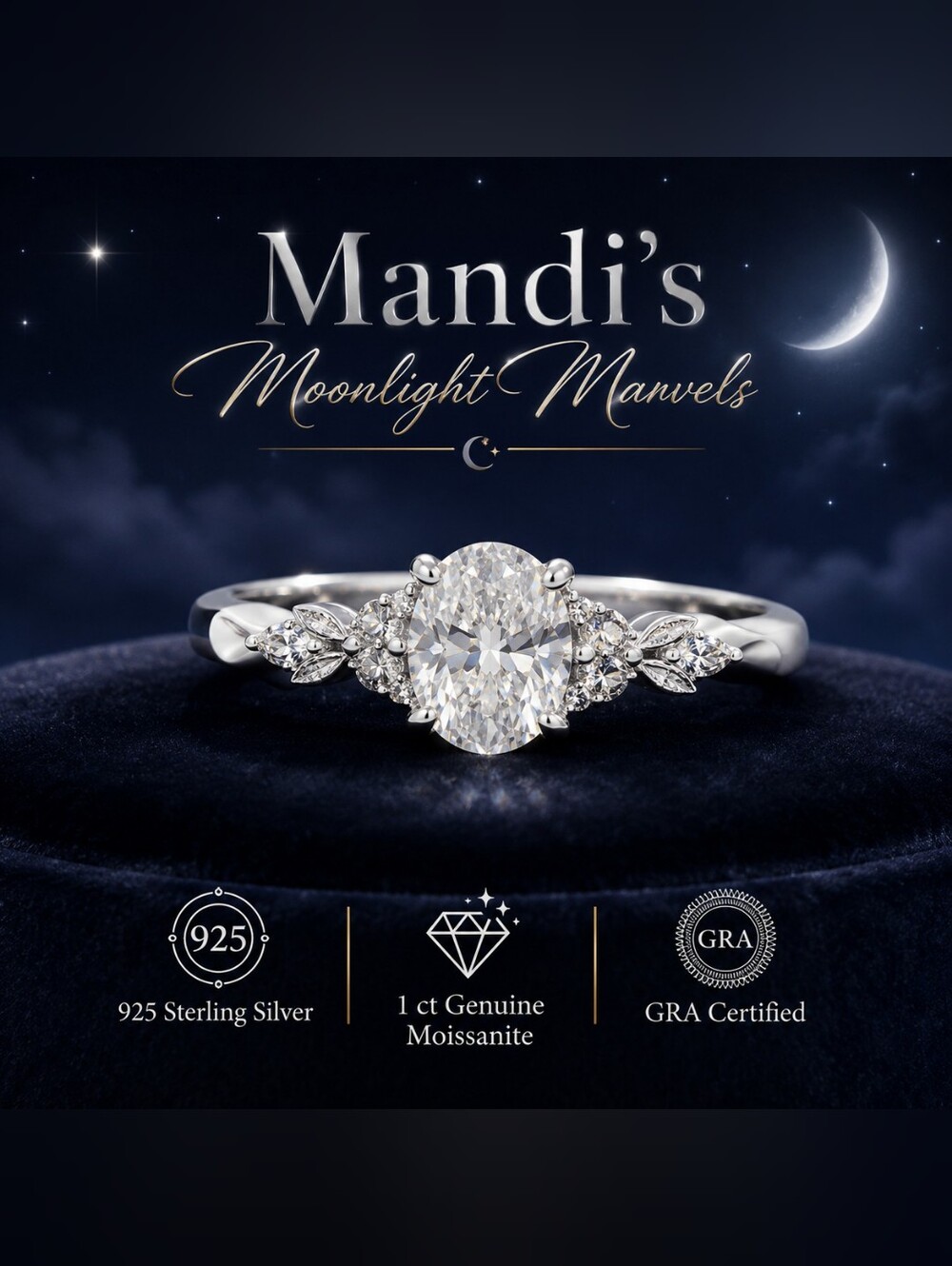 Moonlight Marvels 925 Sterling Silver Oval 1ct Moissanite Ring Size 7
